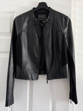 Guess Black Faux-Leather Moto Jacket, size Medium